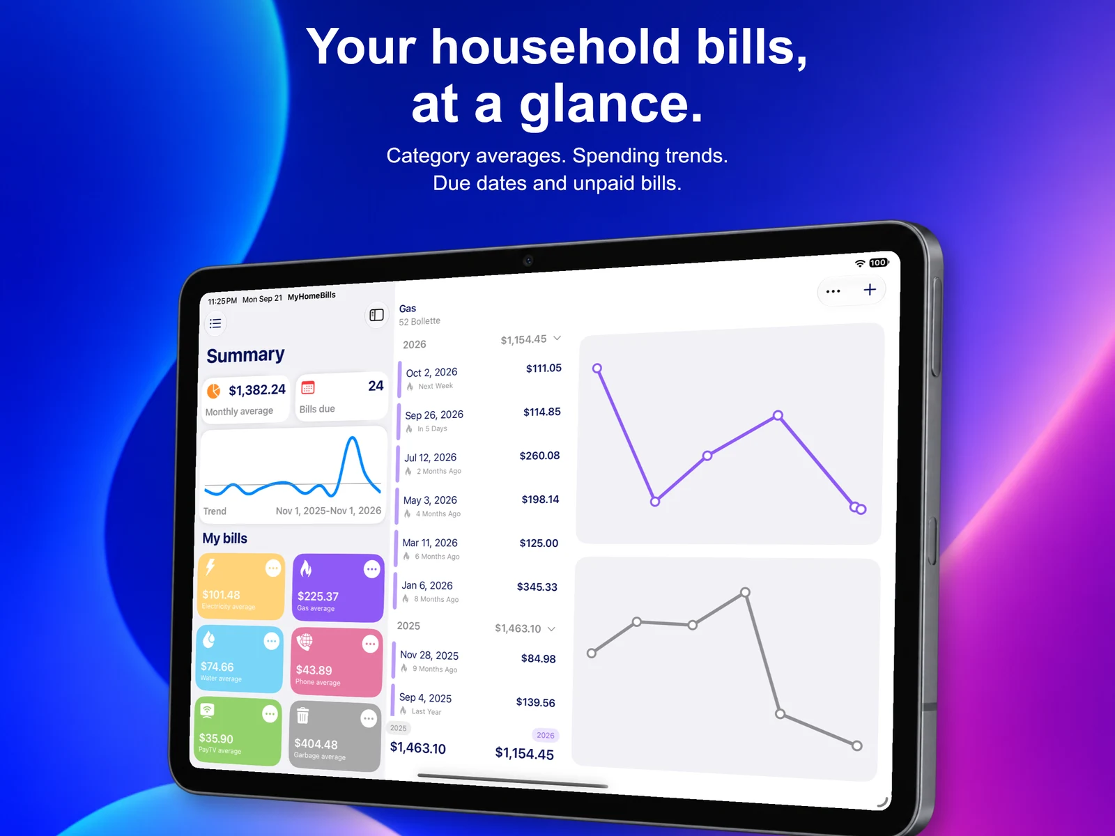 My Home Bills on iPad in English, showing the bill summary and categories.