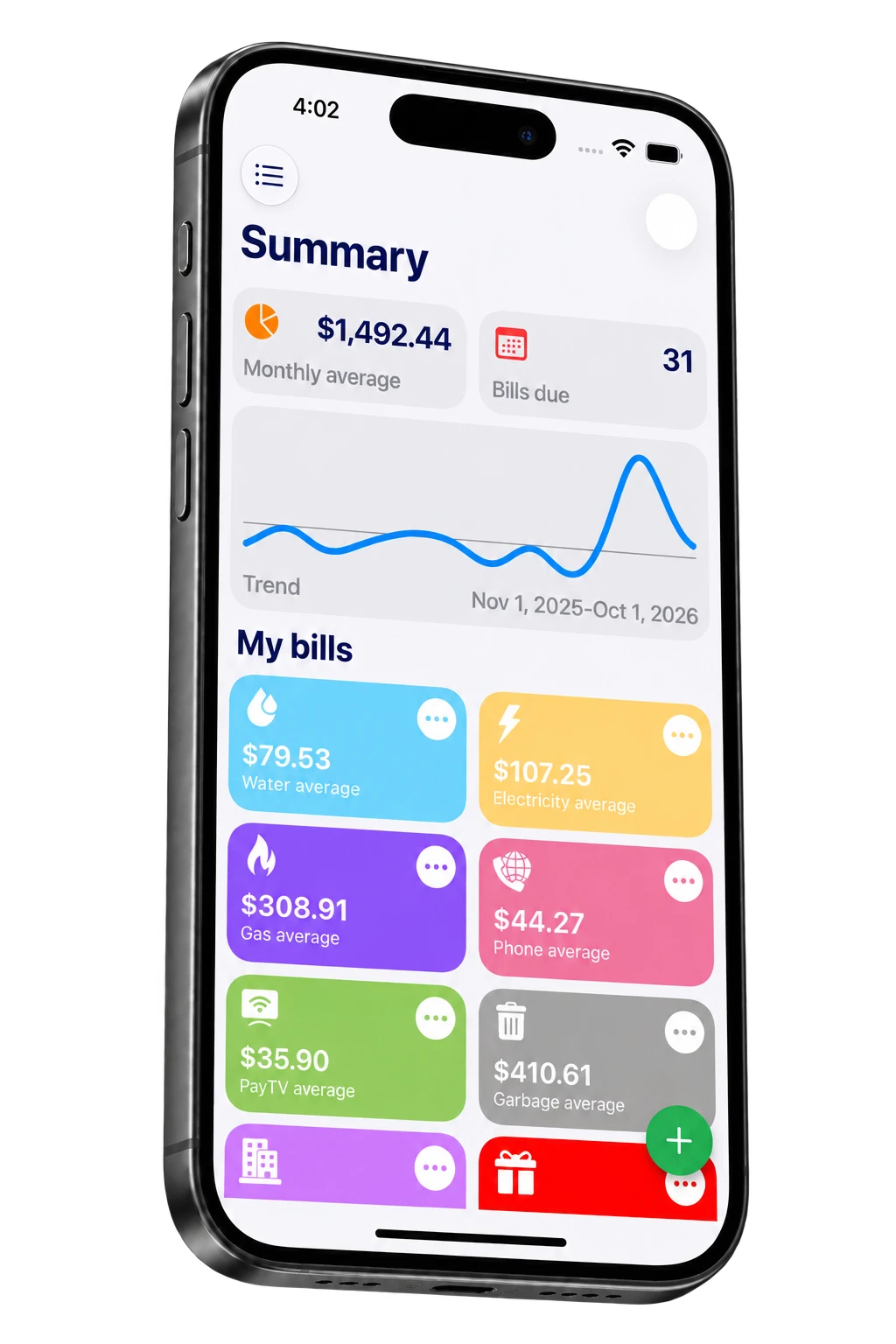 Complete 3D iPhone showing the My Home Bills summary in English.