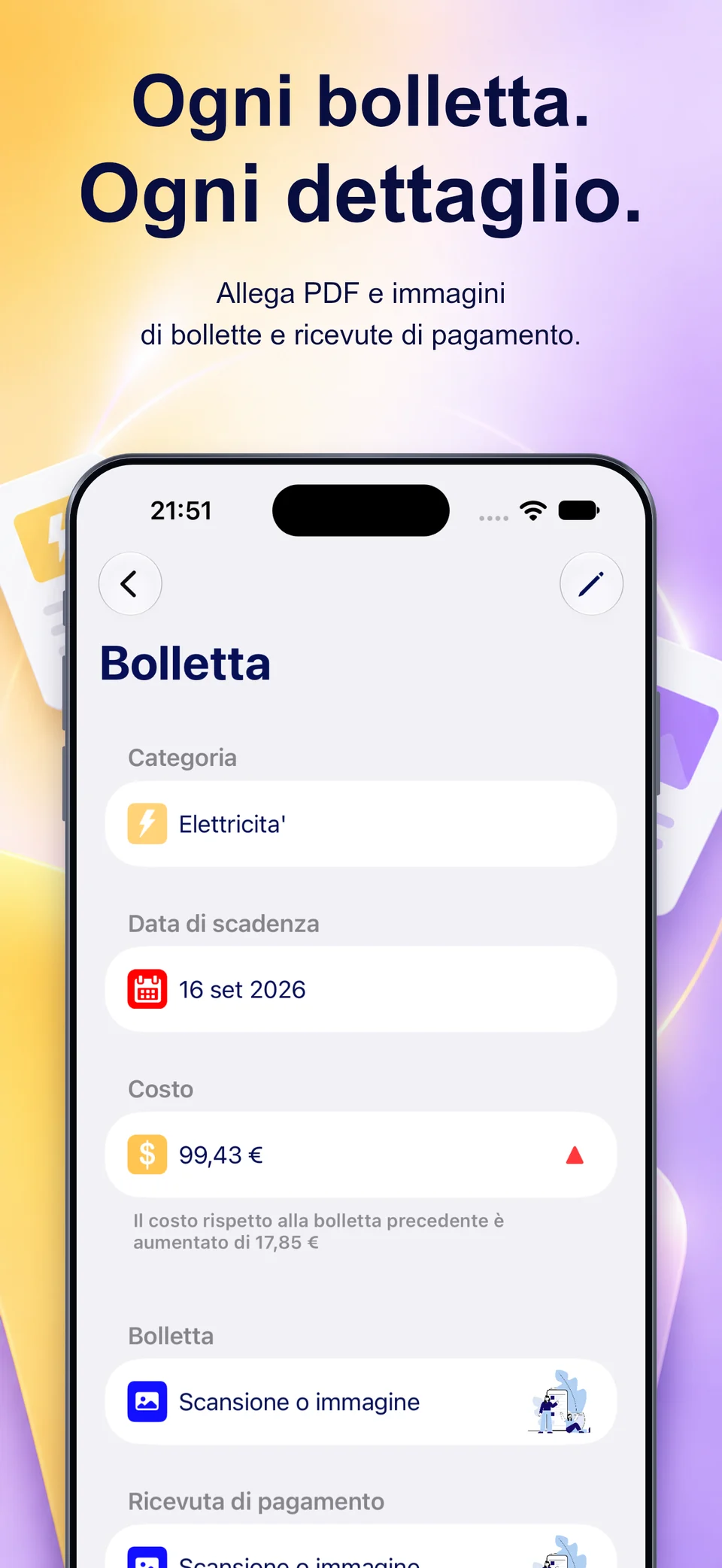 Dettaglio di una bolletta in italiano con categoria, scadenza e importo.