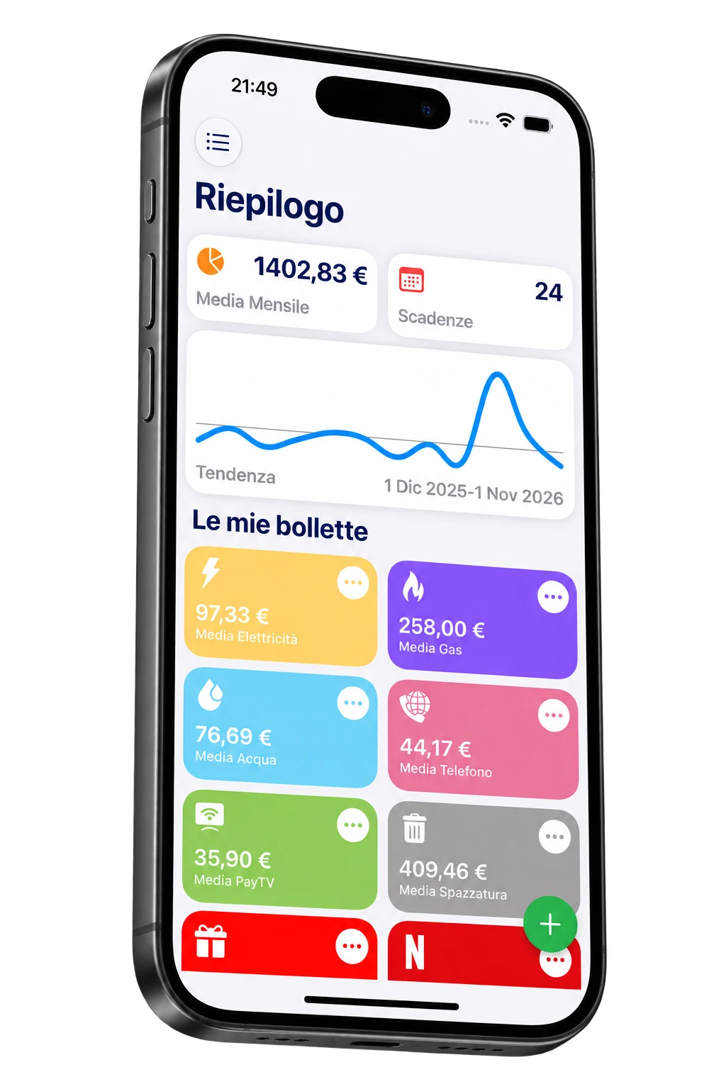 iPhone 3D completo con il riepilogo My Home Bills in italiano.