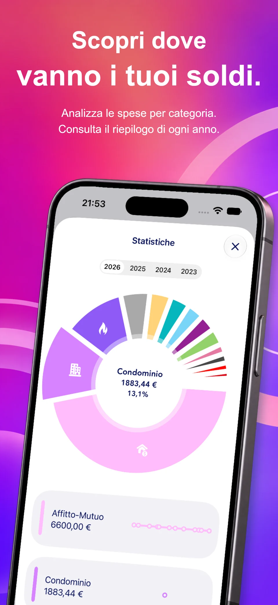 Statistiche di My Home Bills in italiano: grafico delle spese per categoria e selezione dell’anno.